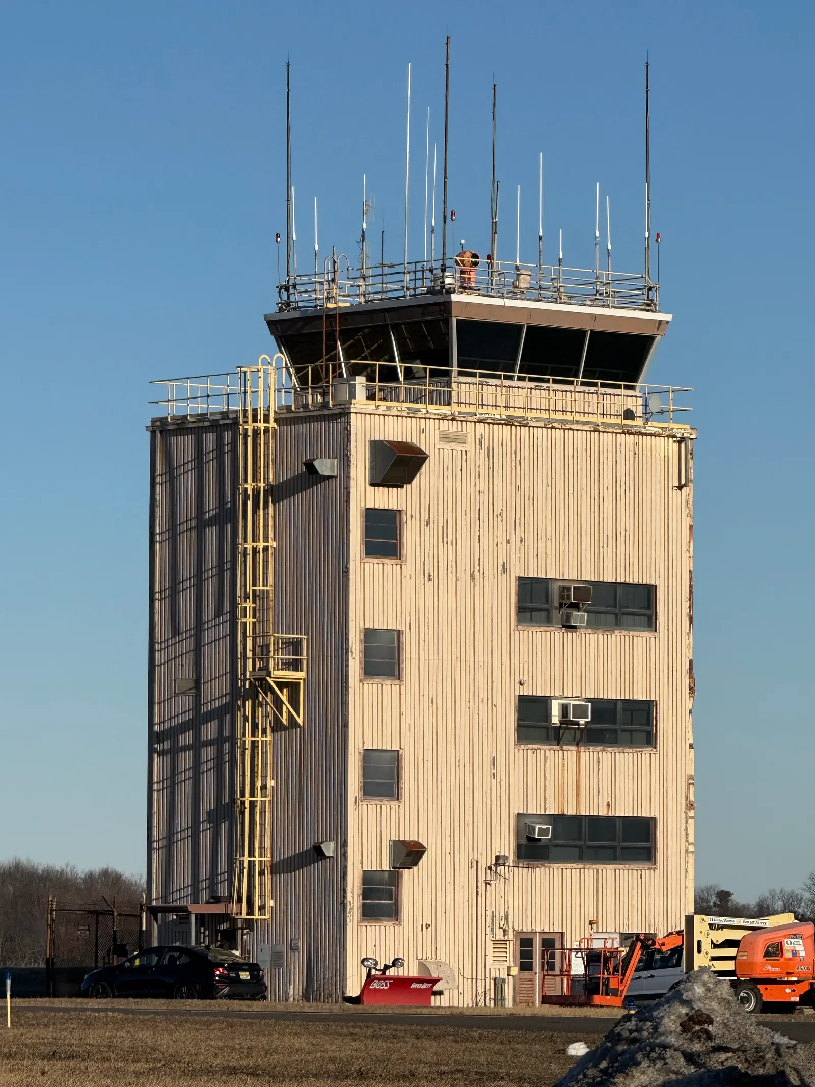 Air traffic control tower at Trenton-Mercer Airport in Ewing, New Jersey, February 2025.