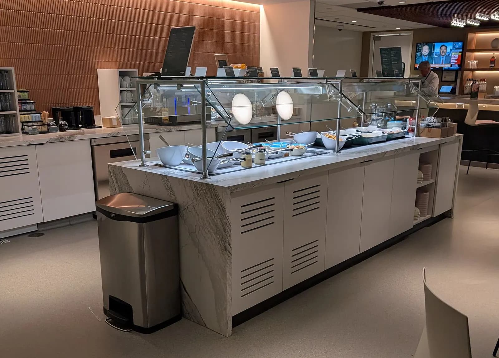 Buffet line inside the Escape Lounge at Tulsa International Airport in July 2025.