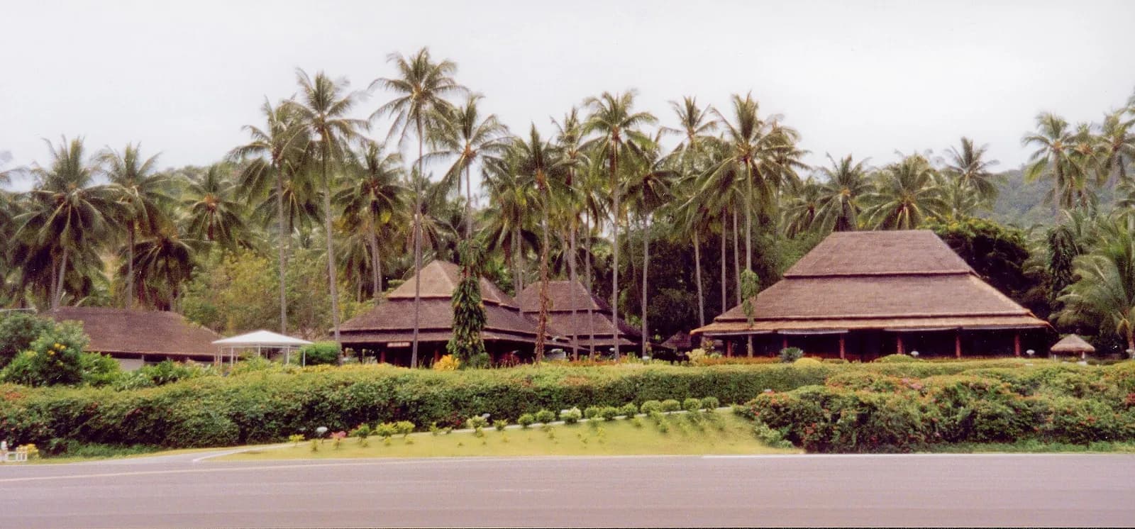 Wide exterior view of Koh Samui Airport terminal buildings and palm trees