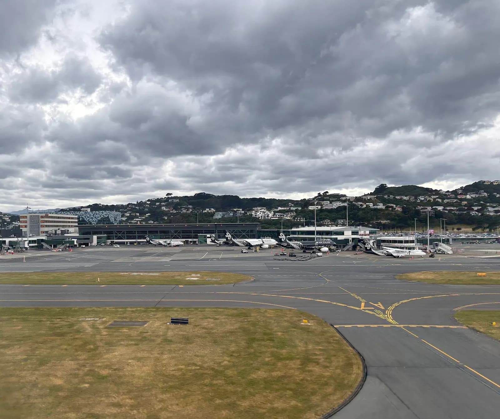 Air New Zealand jets on the apron at Wellington Airport, December 2025