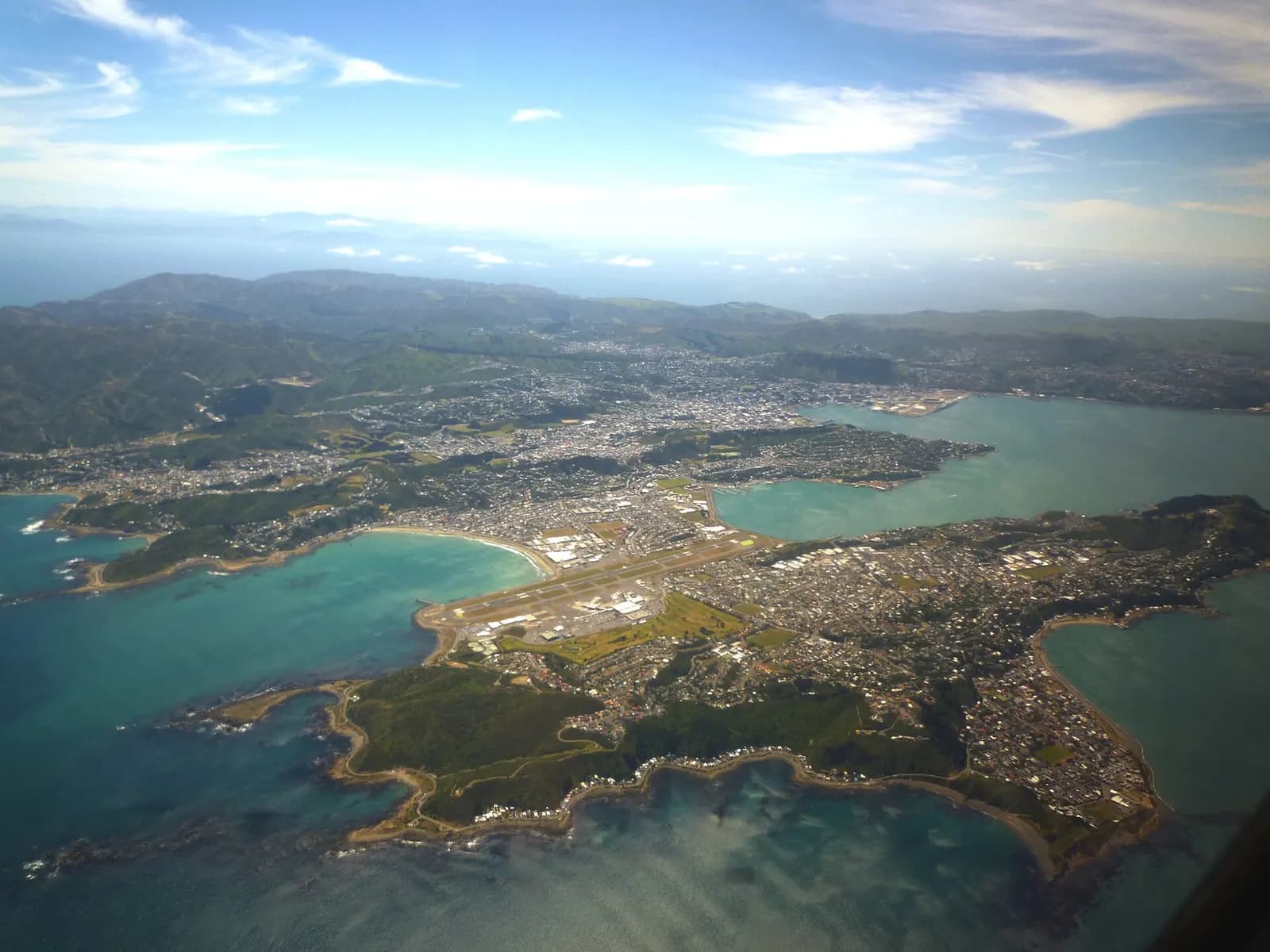 Aerial view of Wellington Airport on the Rongotai isthmus between Lyall Bay and the harbour