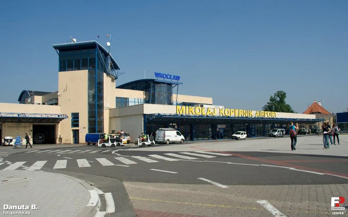 Wider landside view of Copernicus Airport Wrocław terminal.