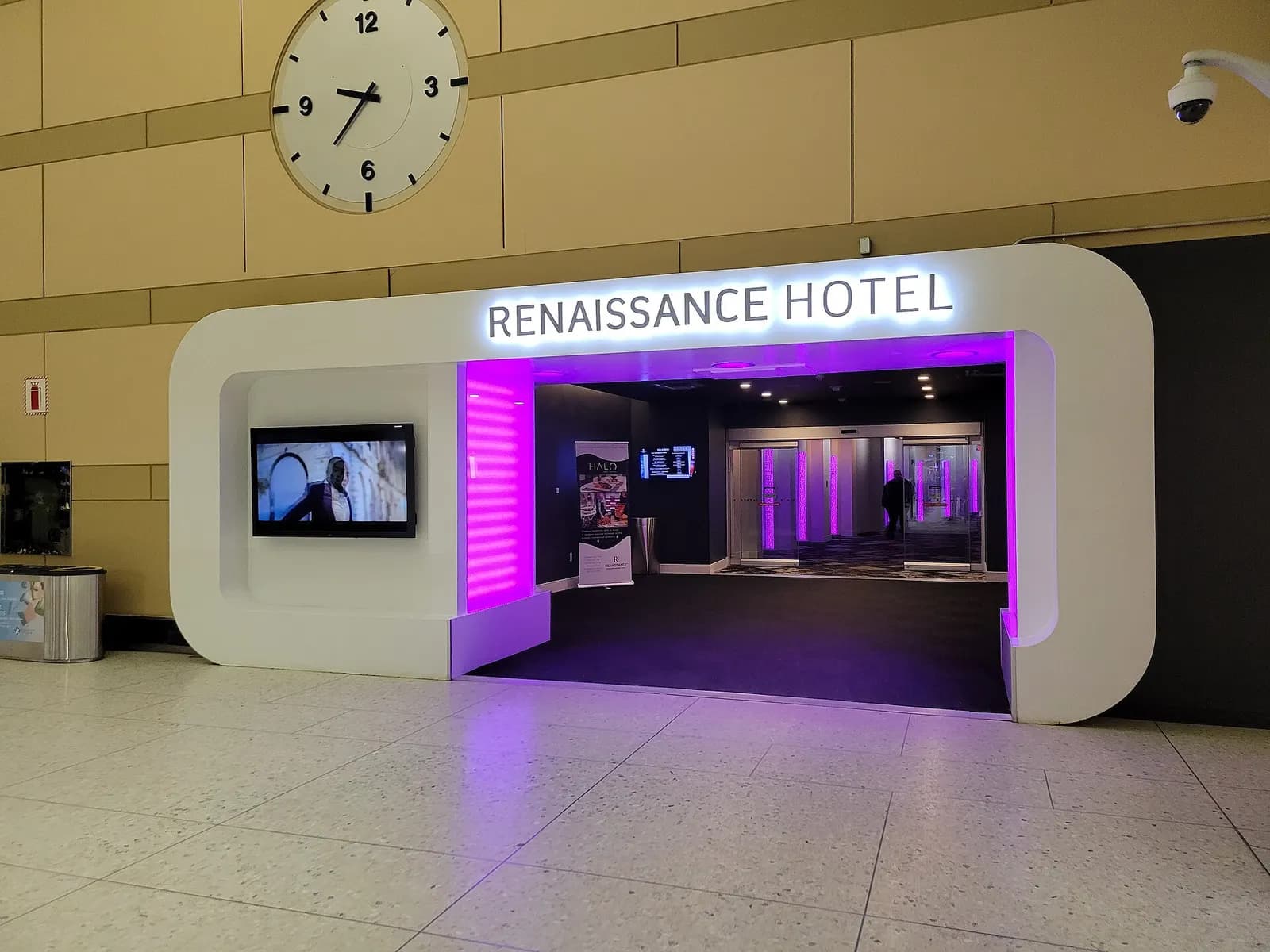 Landside terminal entrance to the Renaissance Edmonton Airport Hotel and HALO Bar