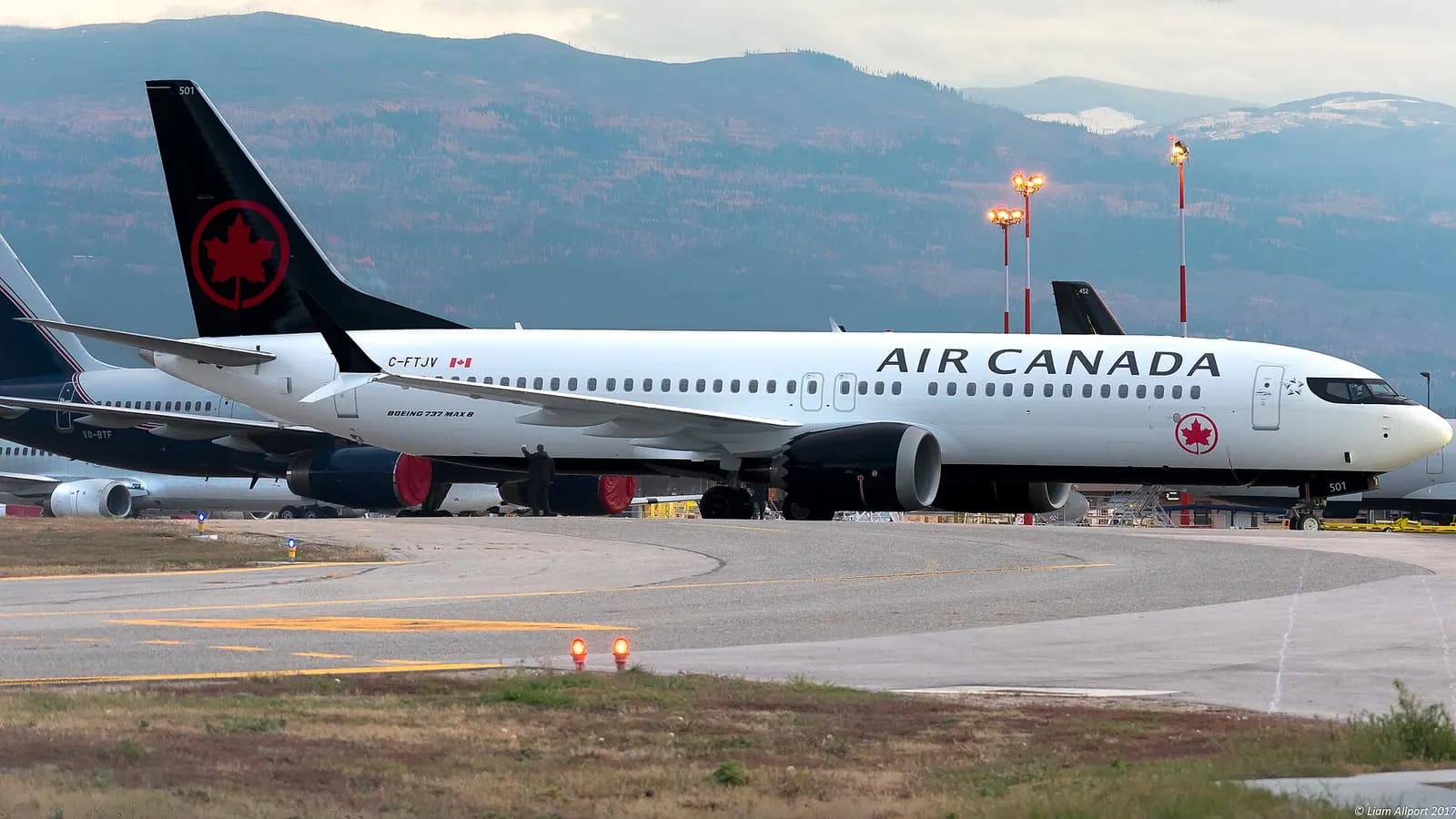 Air Canada Boeing 737 MAX 8 C-FTJV on the apron at Kelowna International Airport in 2017.