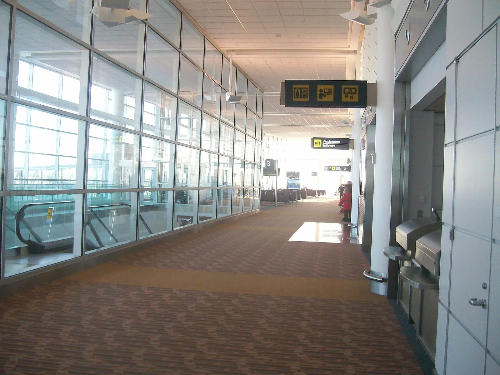 Airside departures corridor with Gates 1–3 signage at Winnipeg Richardson, December 2011